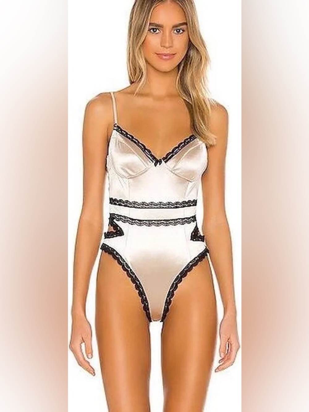 NWT Lovers + Friends Champagne Satin Bustier Bodysuit with Black Lace Trim Sz L